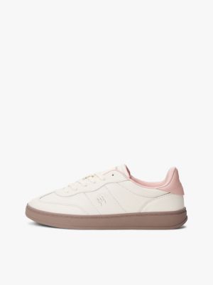 beige leather th monogram court trainers for women tommy hilfiger