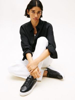 schwarz metallic-sneaker aus leder mit platform-sohle für damen - tommy hilfiger