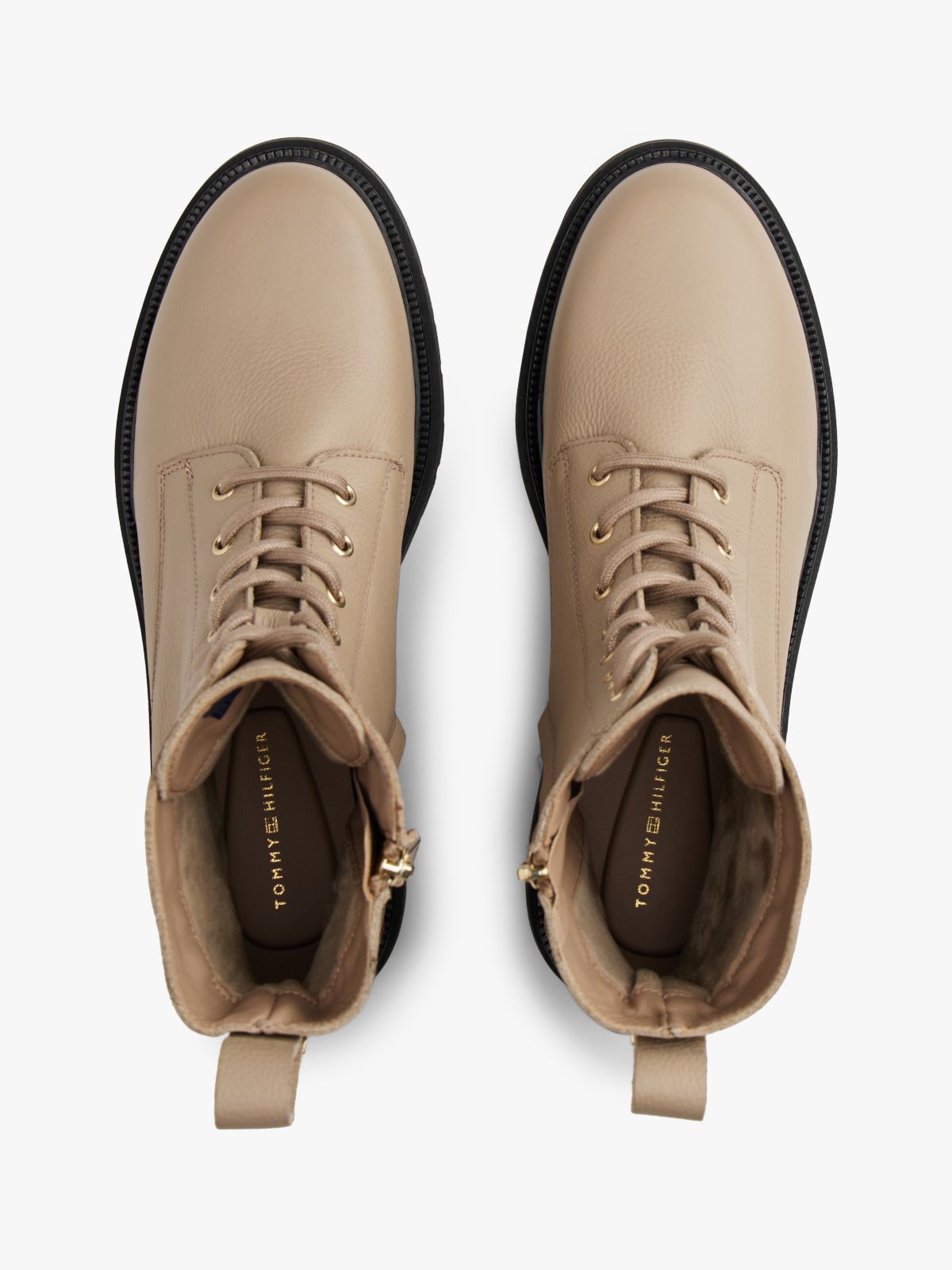 Pebble Grain Leather Warm Lined Chunky Boots — Beige