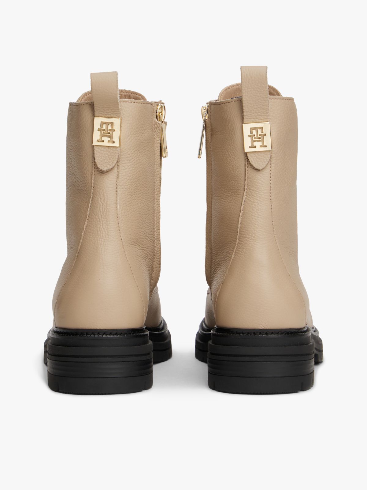 Pebble Grain Leather Warm Lined Chunky Boots — Beige