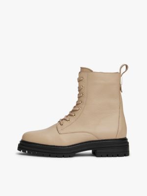 beige pebble grain leather chunky boots for women tommy hilfiger