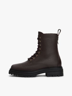 brown pebble grain leather chunky boots for women tommy hilfiger