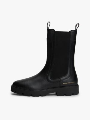 zwart halfhoge chelsea boot van leer met profiel voor dames - tommy hilfiger