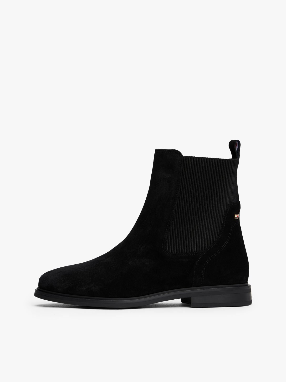 Suede Enamel Flag Chelsea Boots — Black