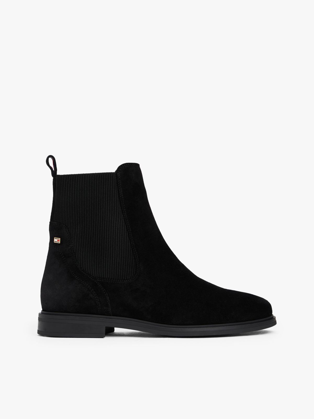 Suede Enamel Flag Chelsea Boots — Black