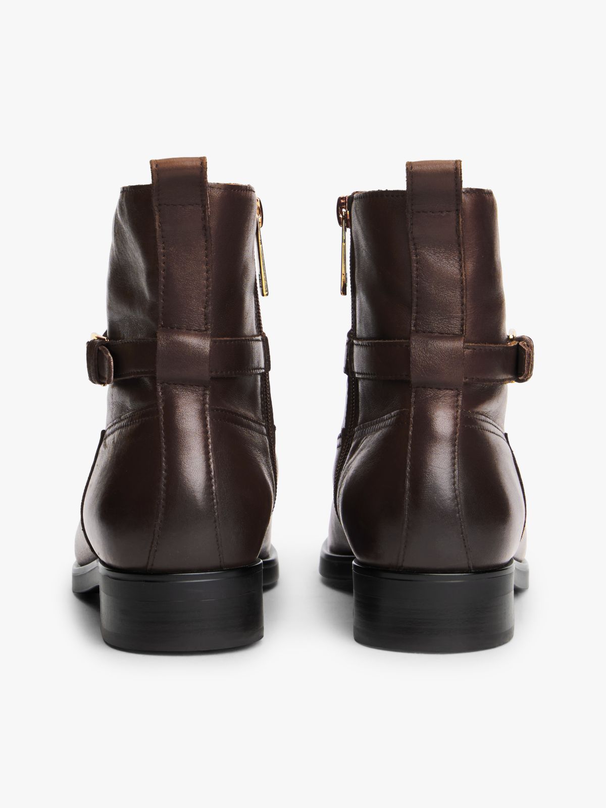 Leather Buckle Riding Boots — Brown