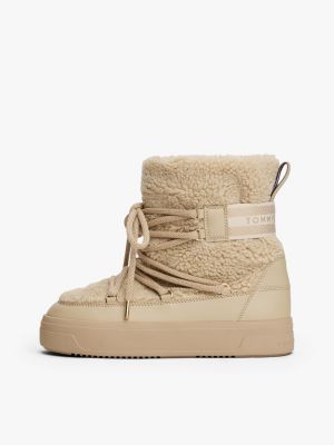 beige faux shearling snow boots for women tommy hilfiger