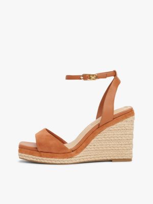 multi th monogram leather wedge sandals for women tommy hilfiger