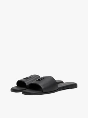 black th monogram leather mules for women tommy hilfiger