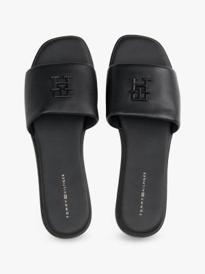 black th monogram leather mules for women tommy hilfiger