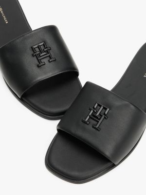 black th monogram leather mules for women tommy hilfiger