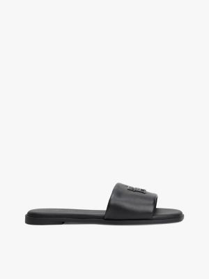 black th monogram leather mules for women tommy hilfiger