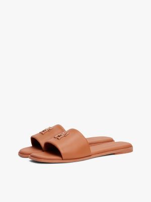 brown th monogram leather mules for women tommy hilfiger