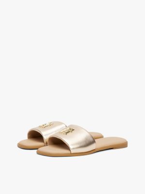 beige th monogram metallic leather mules for women tommy hilfiger