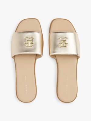 beige th monogram metallic leather mules for women tommy hilfiger