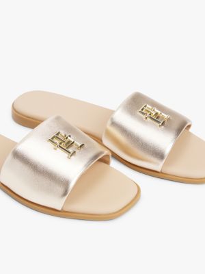 beige th monogram metallic leather mules for women tommy hilfiger