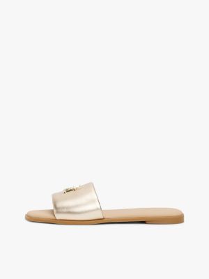 beige th monogram metallic leather mules for women tommy hilfiger