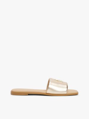 beige th monogram metallic leather mules for women tommy hilfiger