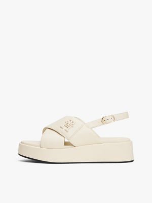 beige leren sandaal met plateauzool en th-monogram voor dames - tommy hilfiger