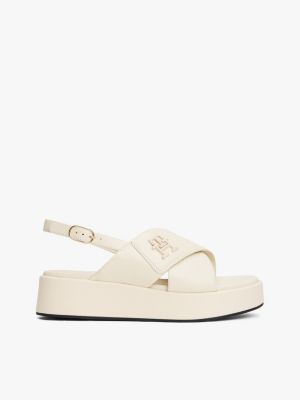 beige leren sandaal met plateauzool en th-monogram voor dames - tommy hilfiger