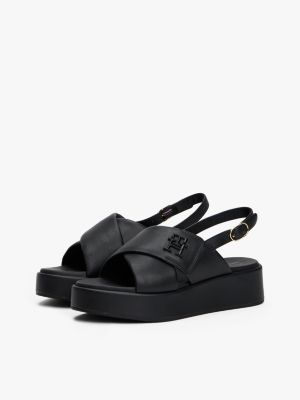 black th monogram leather platform sandals for women tommy hilfiger