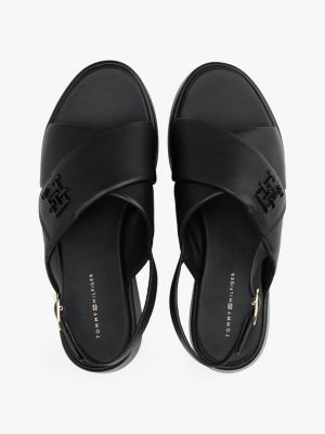 sandales compensées en cuir à monogramme th noir pour femmes tommy hilfiger