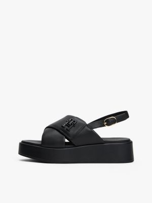 black th monogram leather platform sandals for women tommy hilfiger