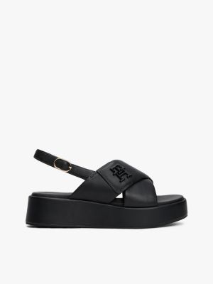 black leren sandaal met plateauzool en th-monogram voor dames - tommy hilfiger