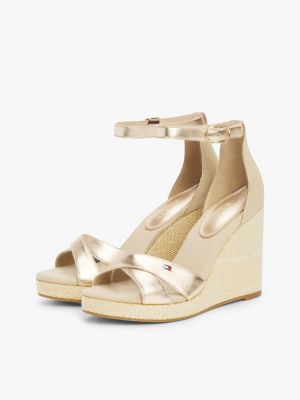 beige metallic-espadrille-sandale mit keilabsatz für damen - tommy hilfiger