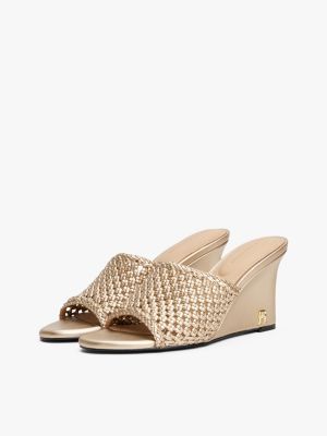 beige metallic leather crochet wedge mules for women tommy hilfiger