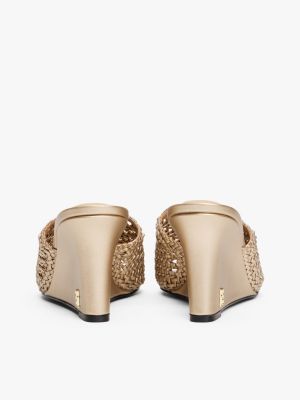 beige metallic leather crochet wedge mules for women tommy hilfiger