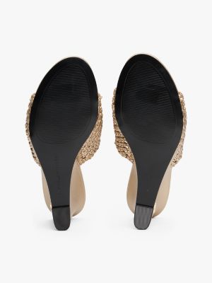 beige metallic leather crochet wedge mules for women tommy hilfiger
