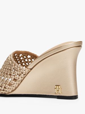 beige metallic leather crochet wedge mules for women tommy hilfiger