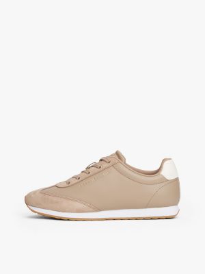 baskets en cuir à logo métallisé beige pour femmes tommy hilfiger