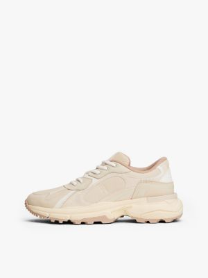 beige leather th monogram cleat trainers for women tommy hilfiger