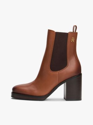 brown leather square toe chelsea block heels for women tommy hilfiger