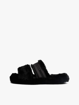 black faux fur woven logo slippers for women tommy hilfiger