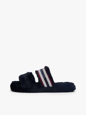 blue faux fur woven logo slippers for women tommy hilfiger