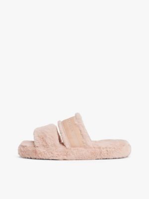 pink faux fur woven logo slippers for women tommy hilfiger