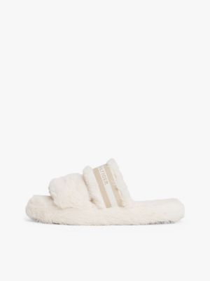 beige faux fur woven logo slippers for women tommy hilfiger