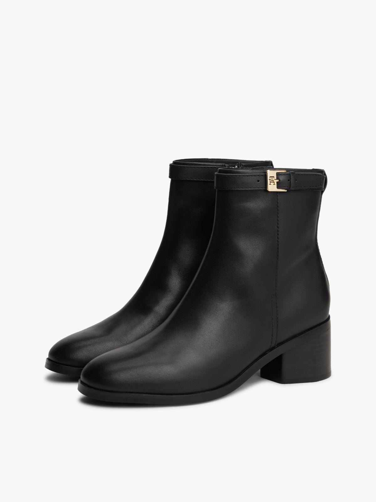 Leather TH Monogram Buckle Ankle Boots — Black