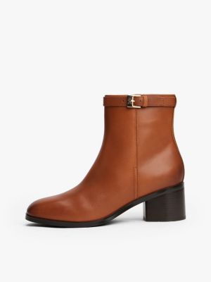 brązowy skórzane botki z monogramem th na sprzączce dla kobiety - tommy hilfiger