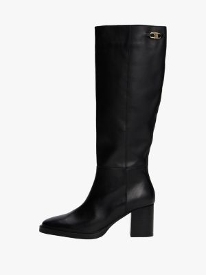 schwarz kniehoher lederstiefel mit th-monogramm-horsebit für damen - tommy hilfiger