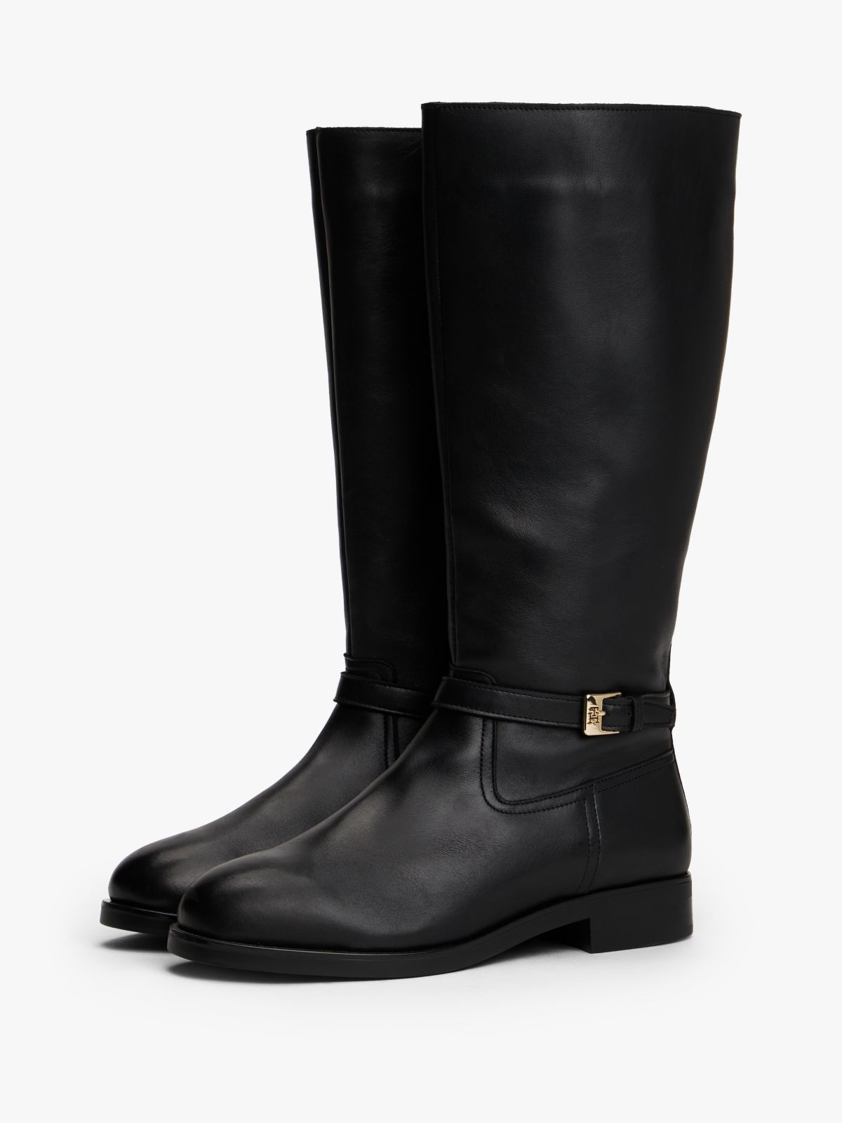Leather TH Monogram Buckle Riding Boots — Black
