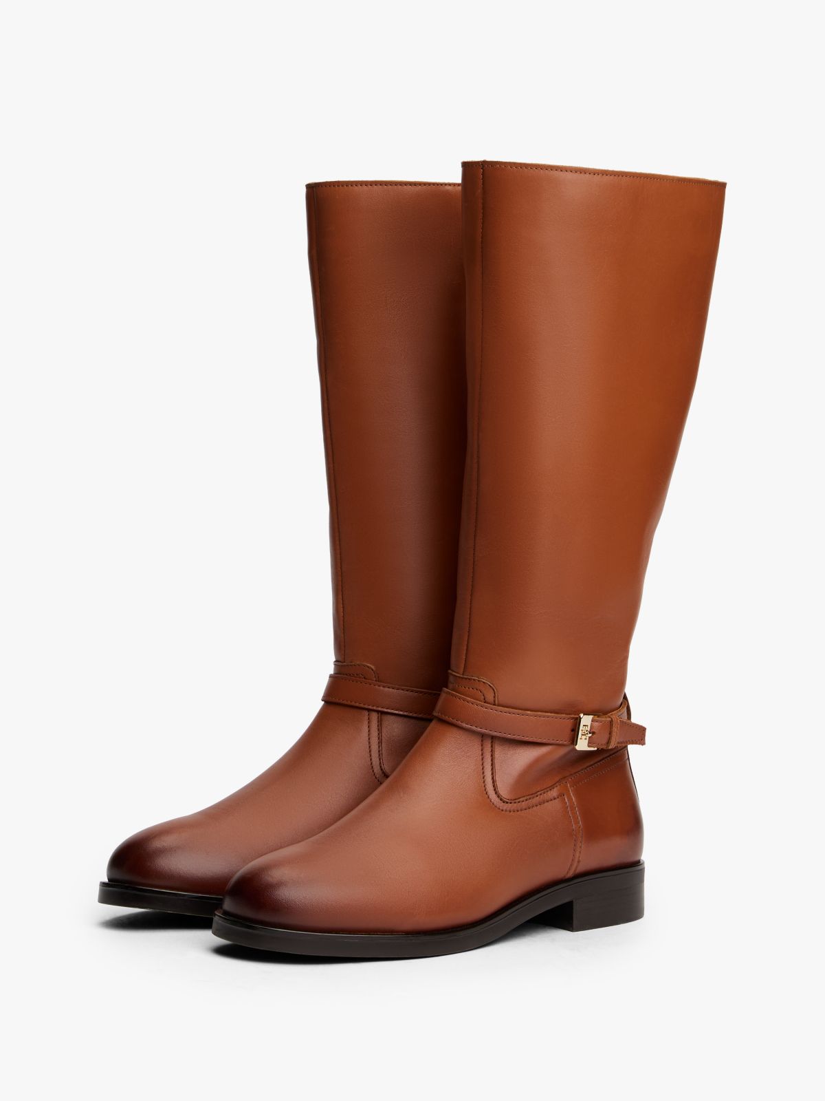 Leather TH Monogram Buckle Riding Boots — Brown