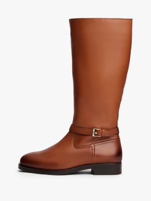 brown leather th monogram buckle riding boots for women tommy hilfiger