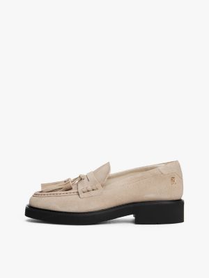 beige wildleder-loafer mit quasten und square toe für damen - tommy hilfiger