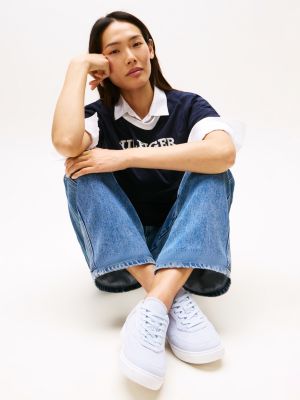 blue casual suede embossed logo trainers for women tommy hilfiger