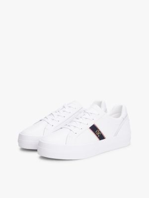 white leather th monogram plaque trainers for women tommy hilfiger