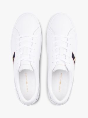 white leather th monogram plaque trainers for women tommy hilfiger